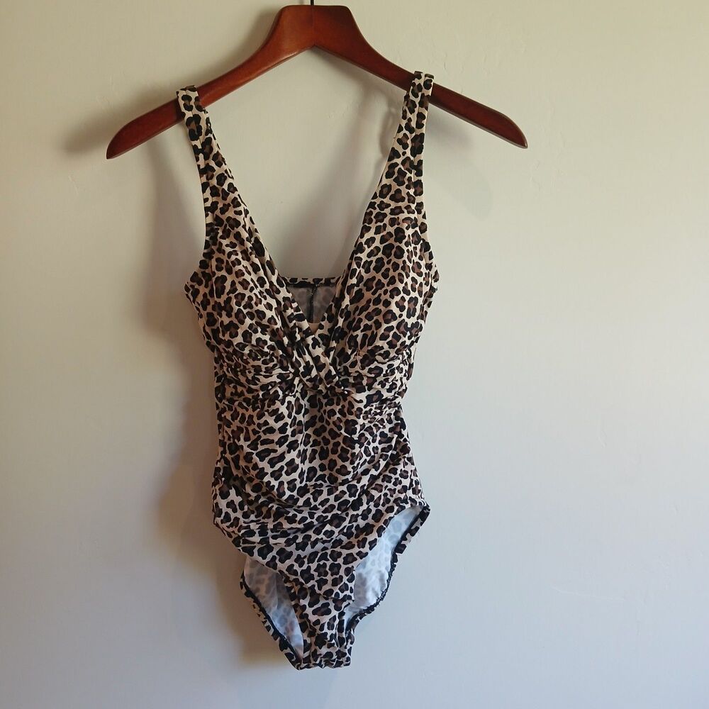 Shape & Style Aqua Green Shaping Swimsuit Size 6 Leopard Print Ruched One Piece